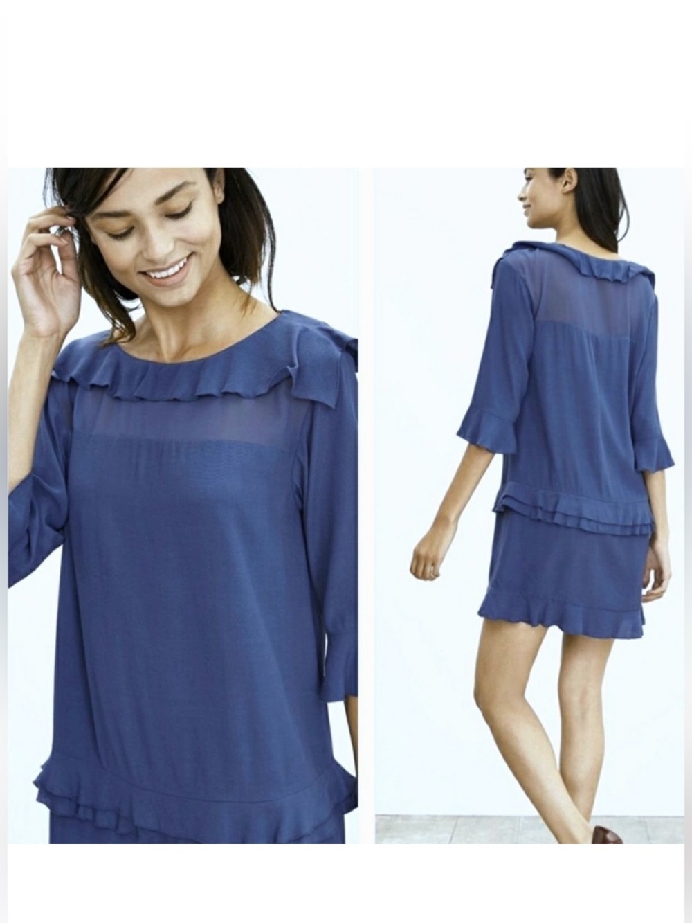 Banana Republic Slate Blue Ruffle Trim Mesh Insert Shift Mini Dress Size 0P